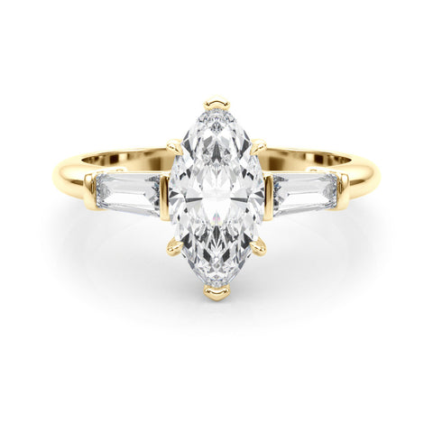 Yellow gold Marquise Diamond Solitaire Ring with Tapered Baguette Side Stones and Six-Prong Setting