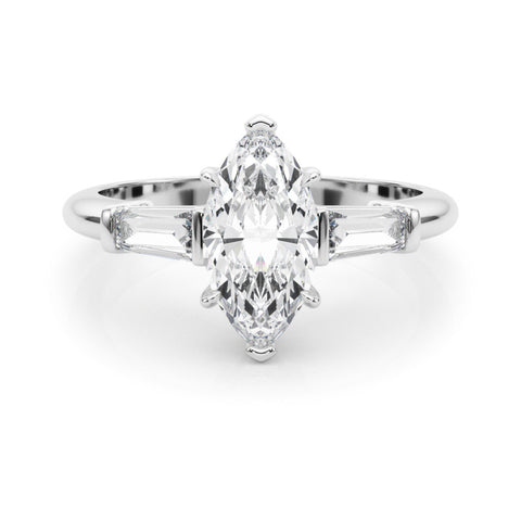 White gold Marquise Diamond Solitaire Ring with Tapered Baguette Side Stones and Six-Prong Setting