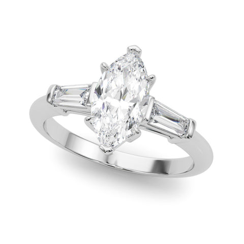 White gold Marquise Diamond Solitaire Ring with Tapered Baguette Side Stones and Six-Prong Setting