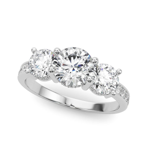 White gold Three-Stone Round Cut Diamond Pavé Band with Four-Prong Setting