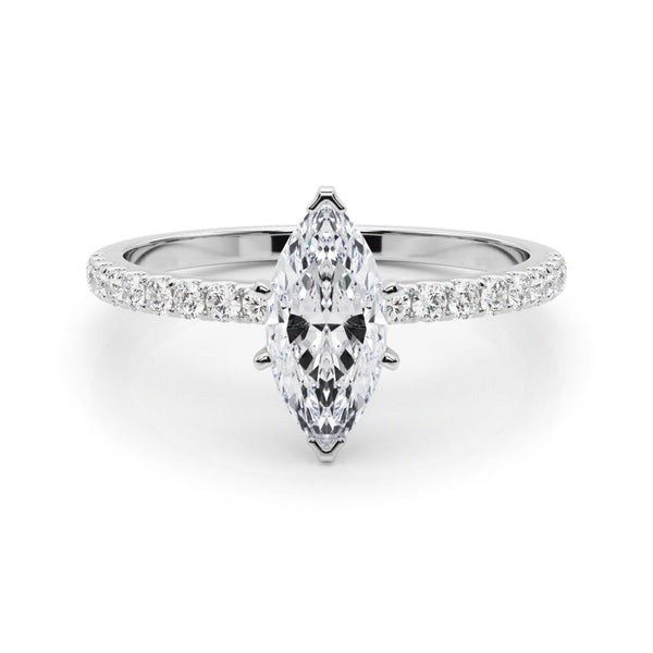 14K White Gold 3.05 Carat E VS1 Marquise Solitaire Diamond Pavé Band with Four-Prong Setting