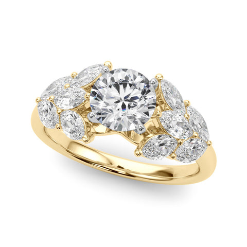 Yellow gold Round Diamond Cluster Leaf Design Ring with Prong Setting