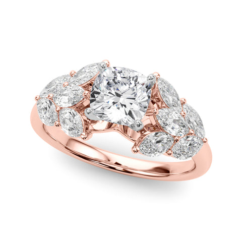 Rose gold Cushion Diamond Cluster Leaf Design Ring with Prong Setting