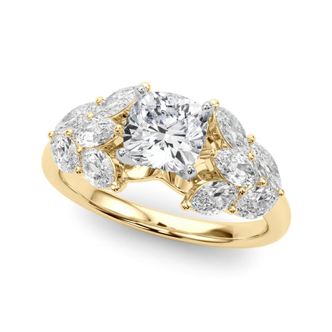 Yellow gold Cushion Diamond Cluster Leaf Design Ring with Prong Setting