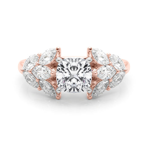 Rose gold Cushion Diamond Cluster Leaf Design Ring with Prong Setting