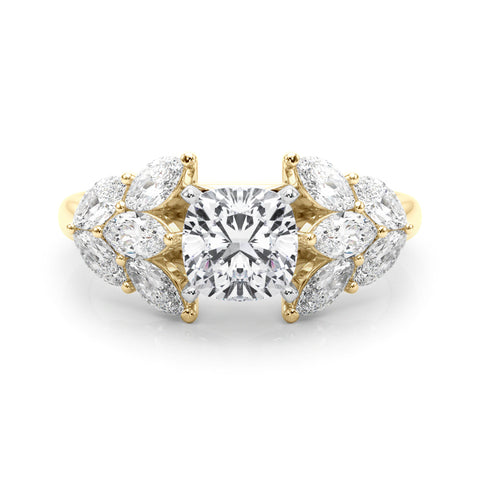 Yellow gold Cushion Diamond Cluster Leaf Design Ring with Prong Setting