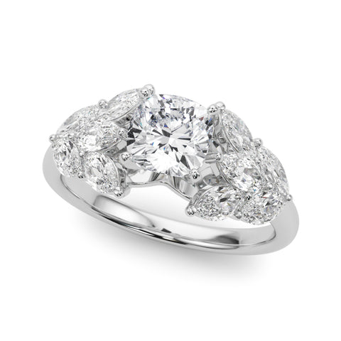 White gold Cushion Diamond Cluster Leaf Design Ring with Prong Setting