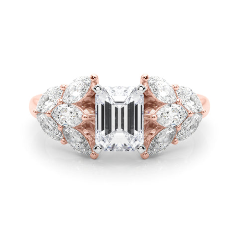 Rose gold Emerald Diamond Cluster Leaf Design Ring with Prong Setting