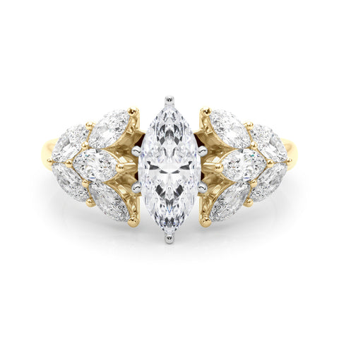 Yellow gold Marquise Diamond Cluster Leaf Design Ring with Prong Setting