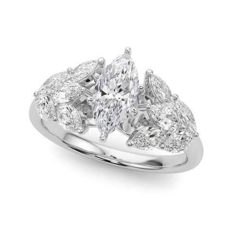 White gold Marquise Diamond Cluster Leaf Design Ring with Prong Setting