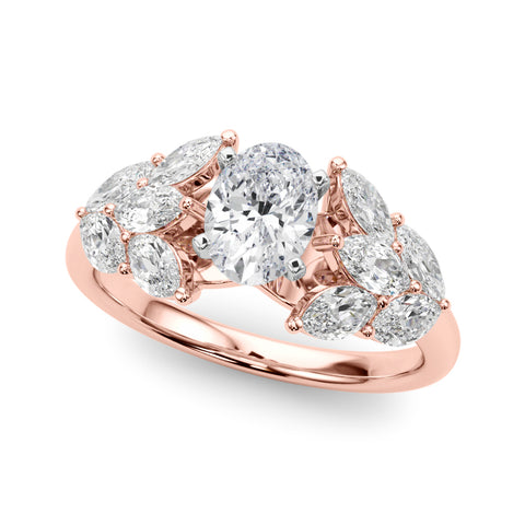 Rose gold Oval Diamond Cluster Leaf Design Ring with Prong Setting