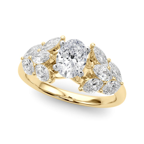 Yellow gold Oval Diamond Cluster Leaf Design Ring with Prong Setting