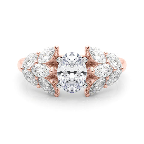 Rose gold Oval Diamond Cluster Leaf Design Ring with Prong Setting