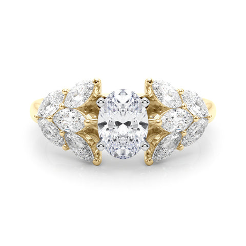 Yellow gold Oval Diamond Cluster Leaf Design Ring with Prong Setting