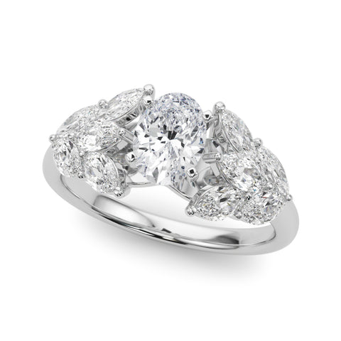 White gold Oval Diamond Cluster Leaf Design Ring with Prong Setting