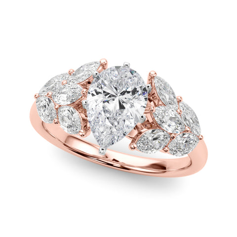 Rose gold Pear Diamond Cluster Leaf Design Ring with Prong Setting