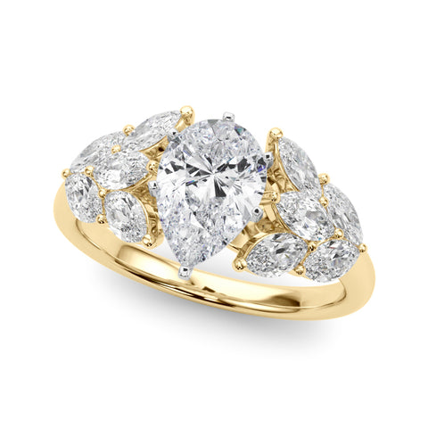 Yellow gold Pear Diamond Cluster Leaf Design Ring with Prong Setting