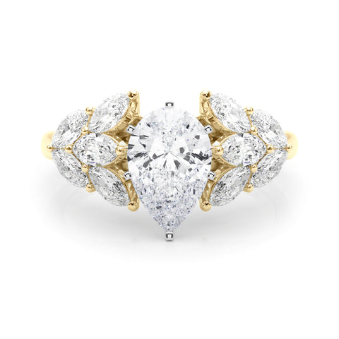 Yellow gold Pear Diamond Cluster Leaf Design Ring with Prong Setting