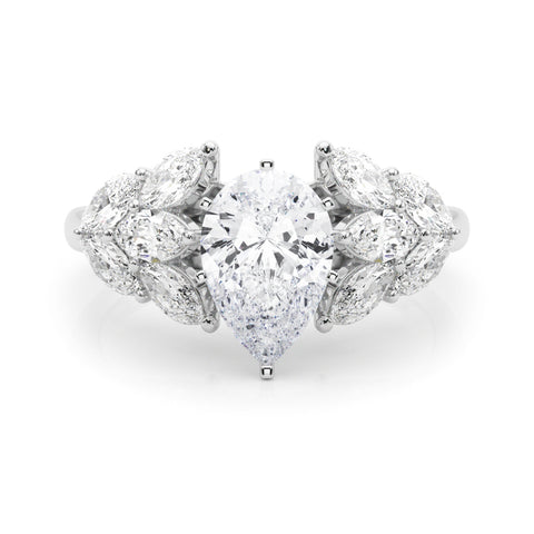 White gold Pear Diamond Cluster Leaf Design Ring with Prong Setting