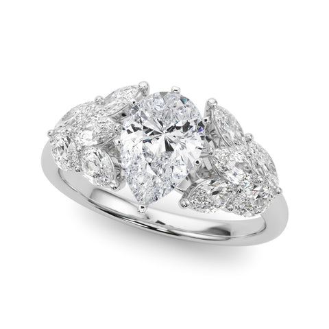 White gold Pear Diamond Cluster Leaf Design Ring with Prong Setting