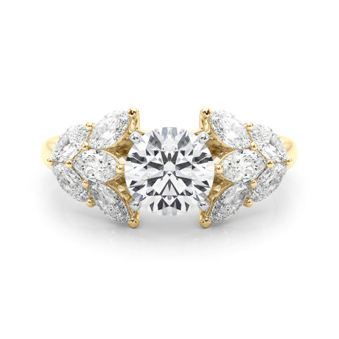 Yellow gold Round Diamond Cluster Leaf Design Ring with Prong Setting