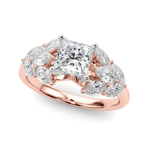 Rose gold Princess Diamond Cluster Leaf Design Ring with Prong Setting