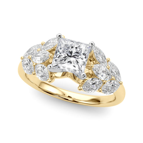 Yellow gold Princess Diamond Cluster Leaf Design Ring with Prong Setting