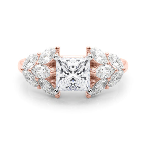 Rose gold Princess Diamond Cluster Leaf Design Ring with Prong Setting