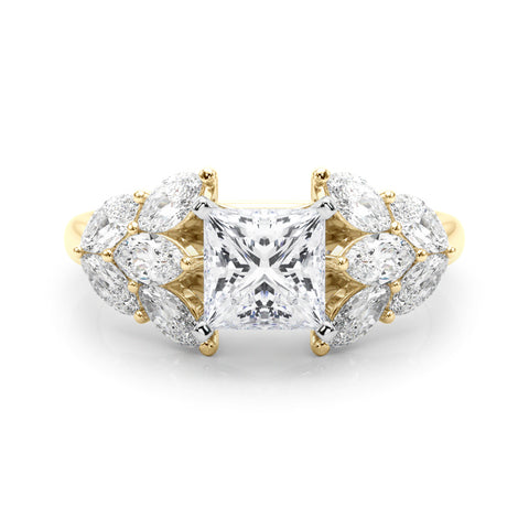 Yellow gold Princess Diamond Cluster Leaf Design Ring with Prong Setting