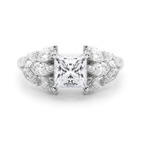 White gold Princess Diamond Cluster Leaf Design Ring with Prong Setting