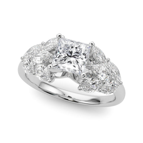 White gold Princess Diamond Cluster Leaf Design Ring with Prong Setting