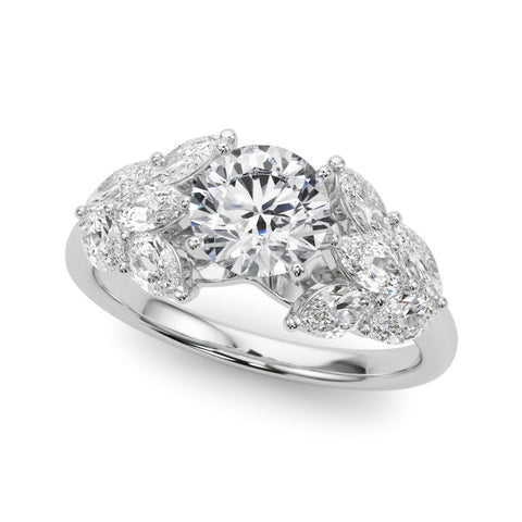 White gold Round Diamond Cluster Leaf Design Ring with Prong Setting