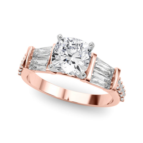 Rose gold Cushion Solitaire Baguette Side Stone Channel Set Engagement Ring