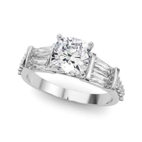 White gold Cushion Solitaire Baguette Side Stone Channel Set Engagement Ring