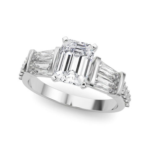 White gold Emerald Solitaire Baguette Side Stone Channel Set Engagement Ring