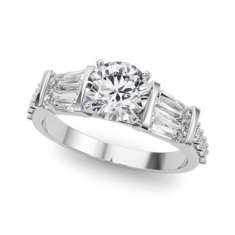 White gold Round Solitaire Baguette Side Stone Channel Set Engagement Ring