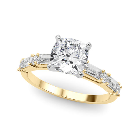 Yellow gold Cushion Solitaire with Side Baguettes and Channel Set Band