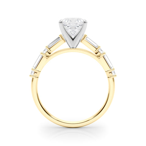 Yellow gold Cushion Solitaire with Side Baguettes and Channel Set Band