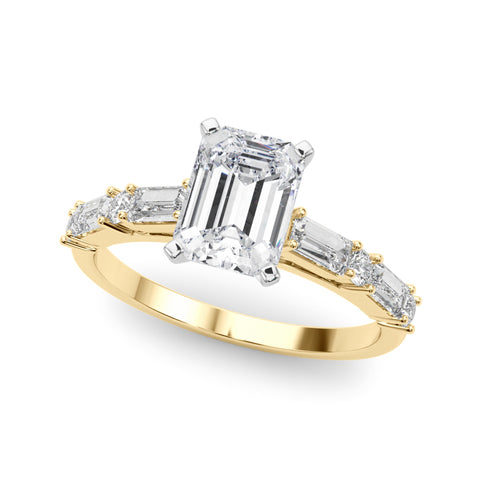 Yellow gold Emerald Solitaire with Side Baguettes and Channel Set Band