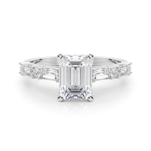 White gold Emerald Solitaire with Side Baguettes and Channel Set Band