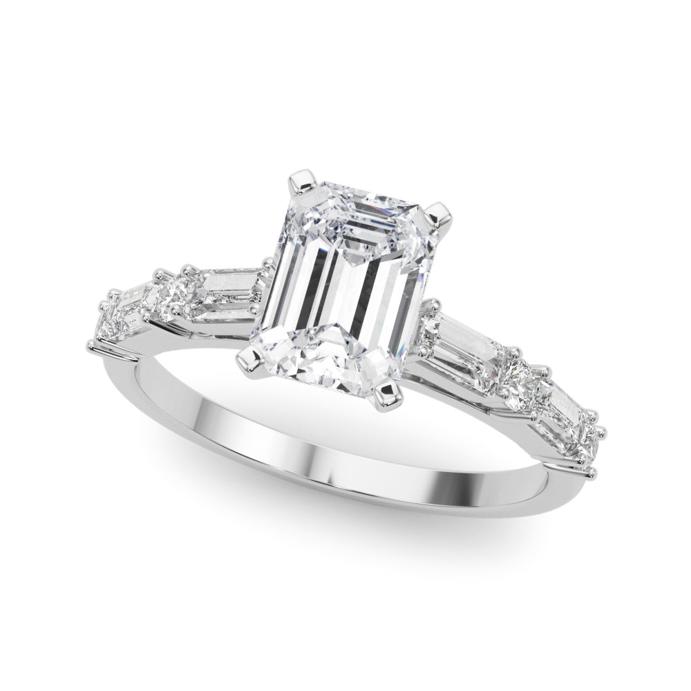 10K White Gold 1.57 Carat E VS1 Emerald Solitaire with Side Baguettes and Channel Set Band