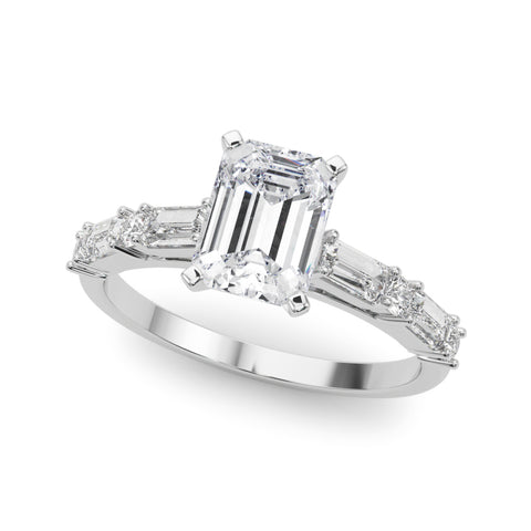 White gold Emerald Solitaire with Side Baguettes and Channel Set Band