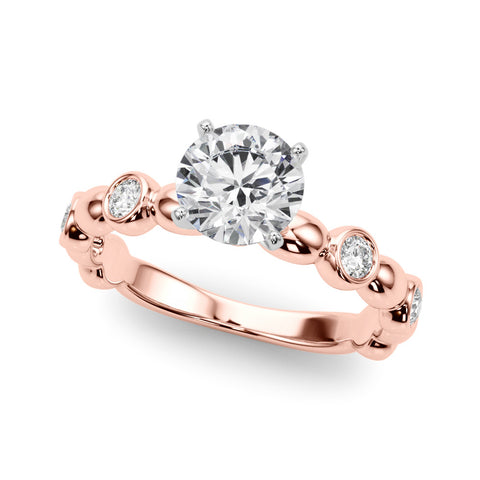 Rose gold Round Solitaire Bezel-Set Diamond Ring with Beaded Band and Four-Prong Setting