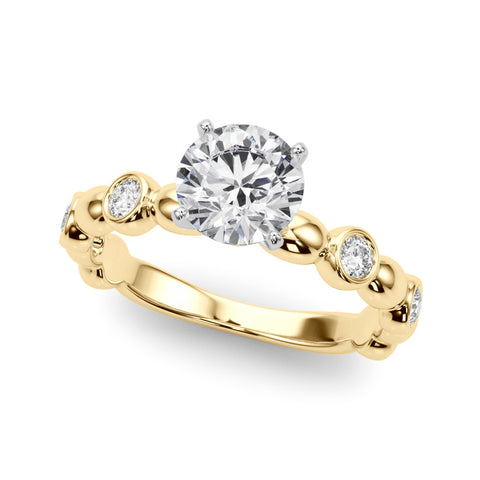 Yellow gold Round Solitaire Bezel-Set Diamond Ring with Beaded Band and Four-Prong Setting