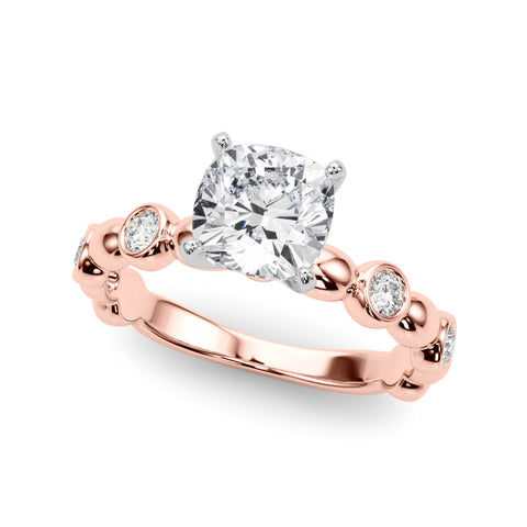 Rose gold Cushion Solitaire Bezel-Set Diamond Ring with Beaded Band and Four-Prong Setting