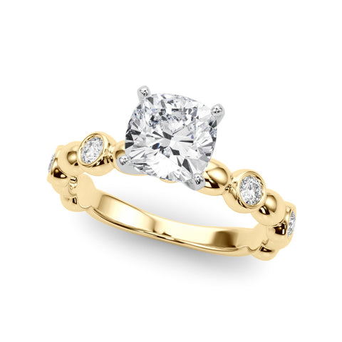 Yellow gold Cushion Solitaire Bezel-Set Diamond Ring with Beaded Band and Four-Prong Setting