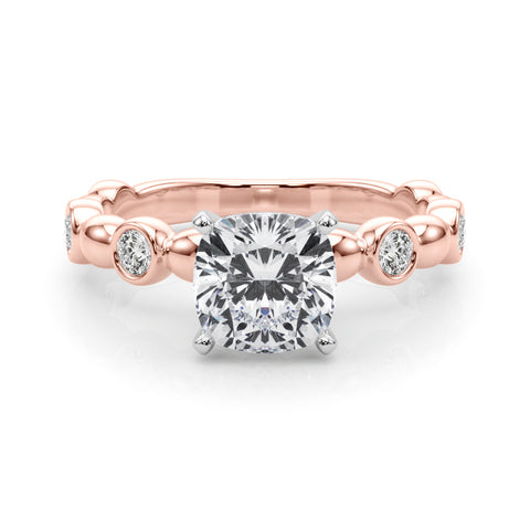 Rose gold Cushion Solitaire Bezel-Set Diamond Ring with Beaded Band and Four-Prong Setting