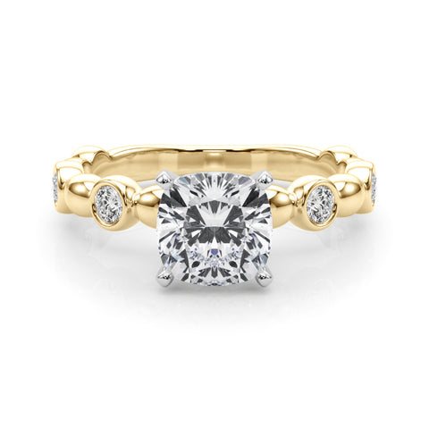 Yellow gold Cushion Solitaire Bezel-Set Diamond Ring with Beaded Band and Four-Prong Setting