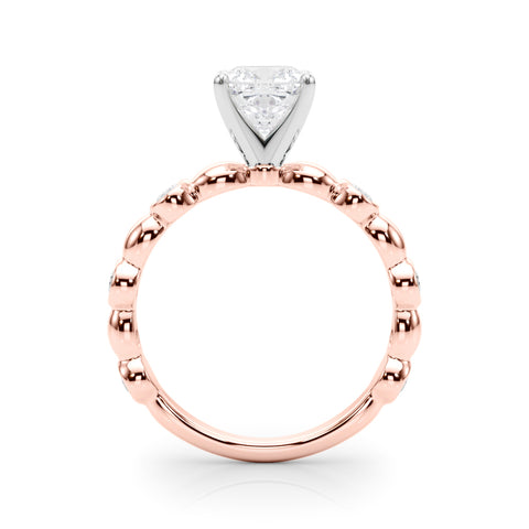 Rose gold Cushion Solitaire Bezel-Set Diamond Ring with Beaded Band and Four-Prong Setting