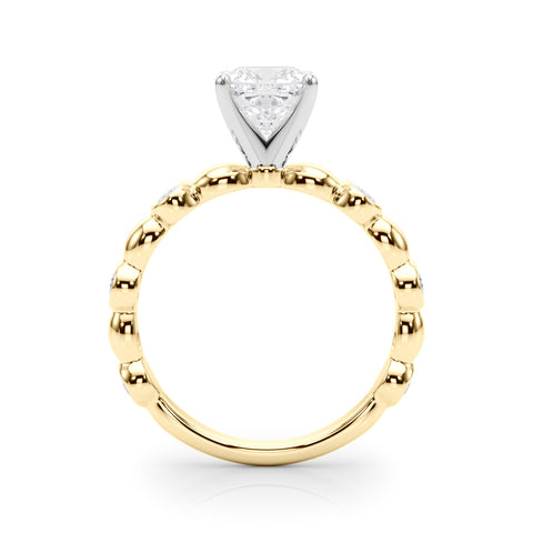 Yellow gold Cushion Solitaire Bezel-Set Diamond Ring with Beaded Band and Four-Prong Setting